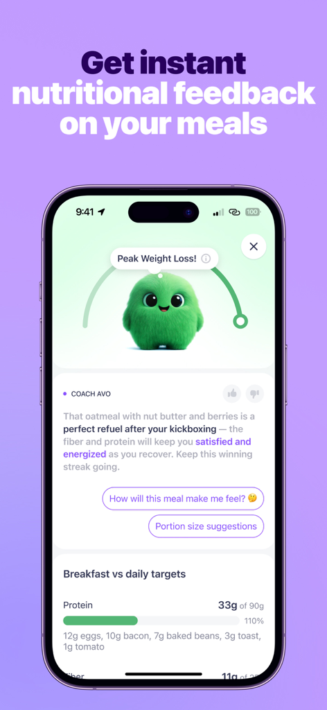 Simple: AI Weight Loss Coach - Interface of the Simple app showing AI coach nutritional feedback and daily meal protein targets