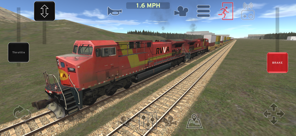 Train And Rail Yard Simulator - Eine rote Güterlokomotive, die im Mobile Game Train and Rail Yard Simulator Container auf Schienen transportiert