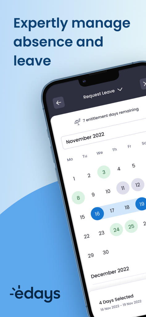 edays - The edays mobile app interface showing a calendar for requesting leave and managing employee absence.