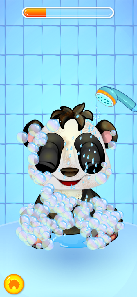 Pet Wash - A cartoon panda being washed with soap bubbles and a showerhead in the Pet Wash app
