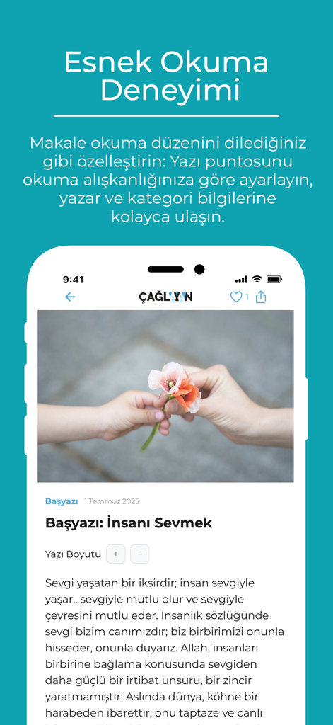 Caglayan Dergisi app interface showing a Turkish article with adjustable font size controls and a featured image of hands holding a flower