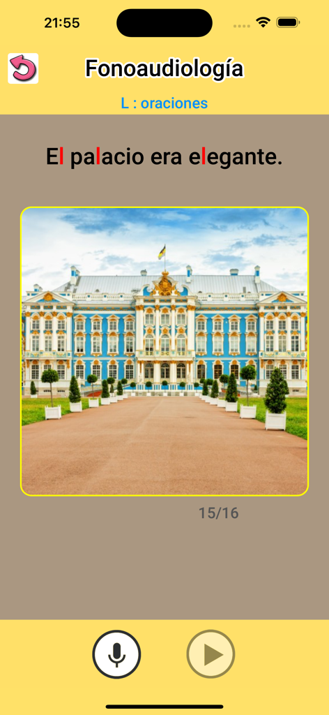 Fonoaudiología : ejercicios CL - Screenshot of a Spanish speech therapy app showing a sentence exercise for the letter L with an image of a palace