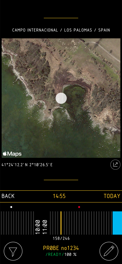 PROBE Fishing - Satellite map view in the PROBE Fishing app showing GPS coordinates and recorded fishing spot data