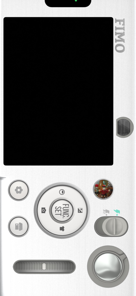 FIMO analog camera app vintage skeuomorphic interface with physical camera buttons and viewfinder