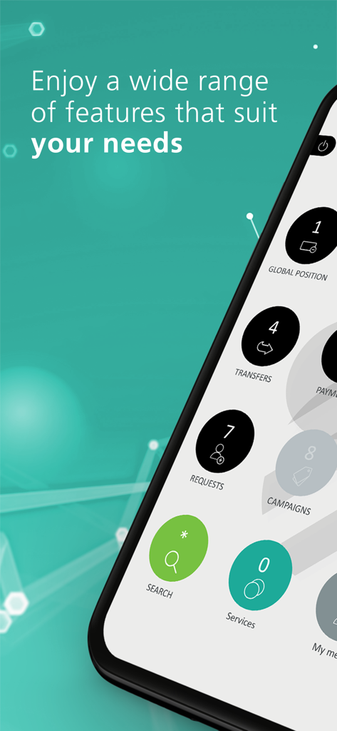 Bank Audi - Interface of the Bank Audi mobile app showcasing a variety of banking features like transfers and global position.