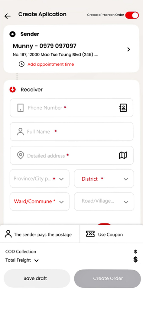 Metfone Express - Metfone Express app interface for creating a shipping order showing sender and receiver contact fields
