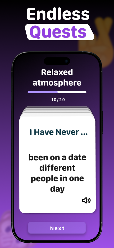 I Have Never party game mobile app screen showing a dating question card