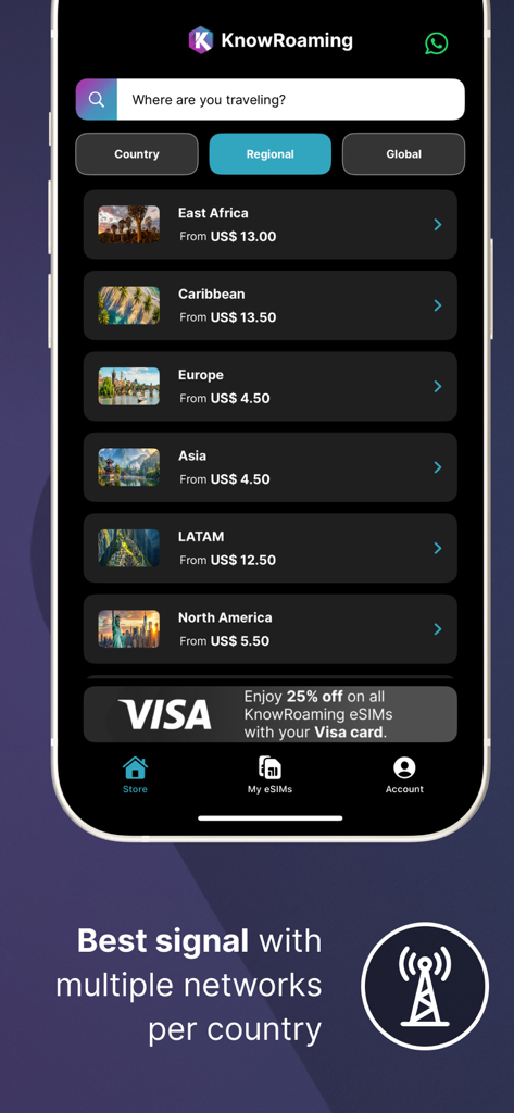 KnowRoaming Travel eSIMs - KnowRoaming app interface showing various regional eSIM data plans and network signal information.