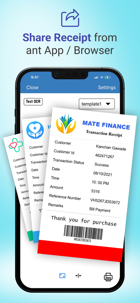 A smartphone screen showing custom transaction receipts with barcodes ready for printing.