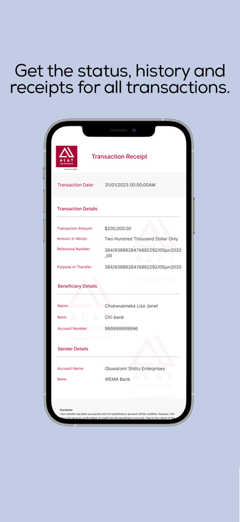 ALAT FOR BUSINESS - A digital transaction receipt on the ALAT FOR BUSINESS mobile app showing payment details and history for a business account.