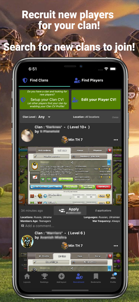 BasePedia for Clash of Clans - Interface of BasePedia app showing the clan recruitment feature with options to find clans and players.