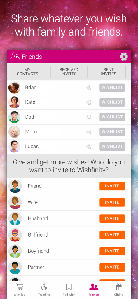 Wishfinity mobile app interface for managing friends and sharing wishlists with family members