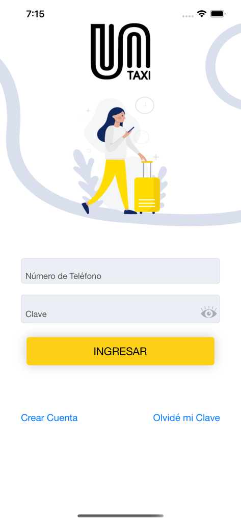 Un Taxi - Anmeldebildschirm für die Un Taxi mobile App mit Feldern für Telefonnummer und Passwort sowie einem gelben Anmeldebutton.