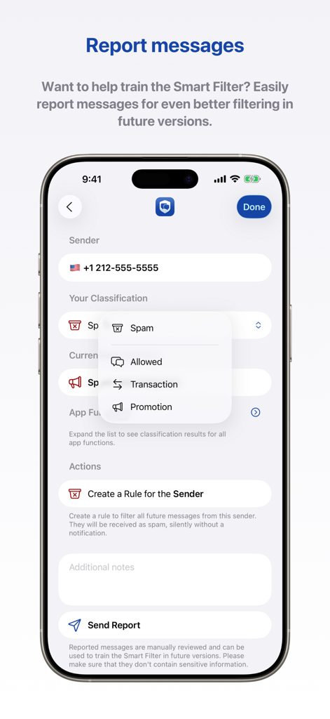 Junkman: AI Spam SMS Blocker - Screenshot of the Junkman app report messages screen showing classification options like spam and transactions to train the AI filter.