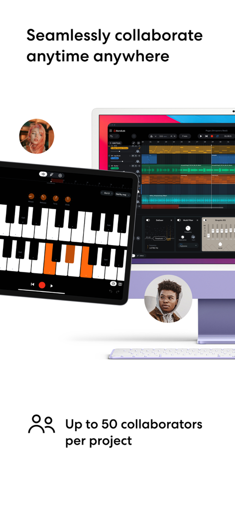 BandLab music production interface on a tablet and desktop showing collaborative features