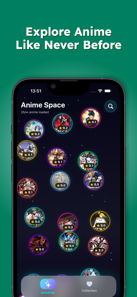 The Animekai - Space of Anime - A screenshot of The Animekai app showing the Anime Space screen with anime titles displayed as interactive stars in a galaxy themed interface
