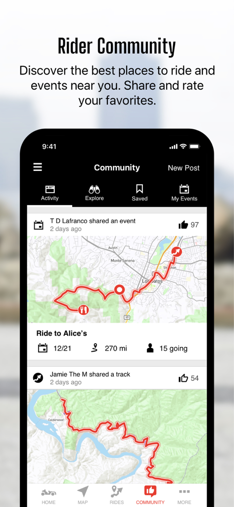 Slingshot® - Screenshot of the Slingshot app Rider Community showing shared routes and events