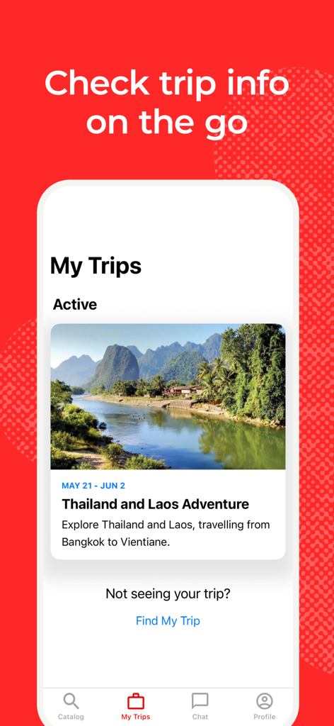 Mobile app interface showing active travel itineraries and trip information for Intrepid Travel.