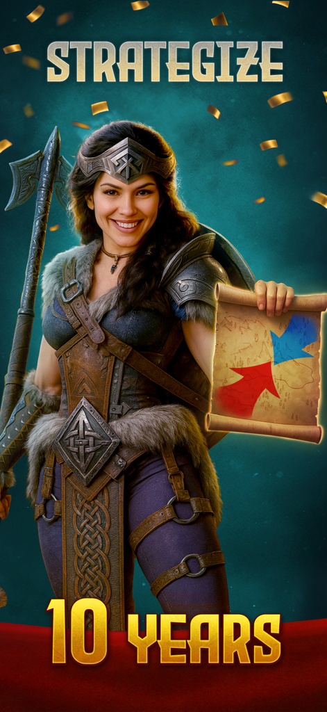 A smiling female Viking warrior holding a strategy map scroll celebrating ten years of the game