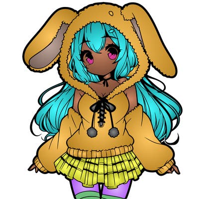 pretty anime girl wearing a fluffy hoodie with bunny ears on the hood and a skirt