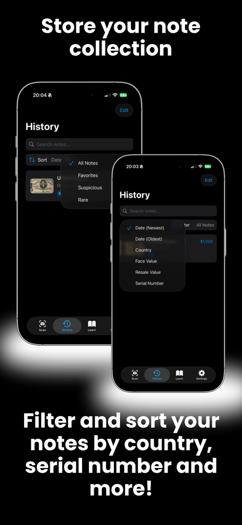 Interfaz de la aplicación Identificador de Billetes que muestra el historial de la colección de divisas con opciones de filtro y ordenación