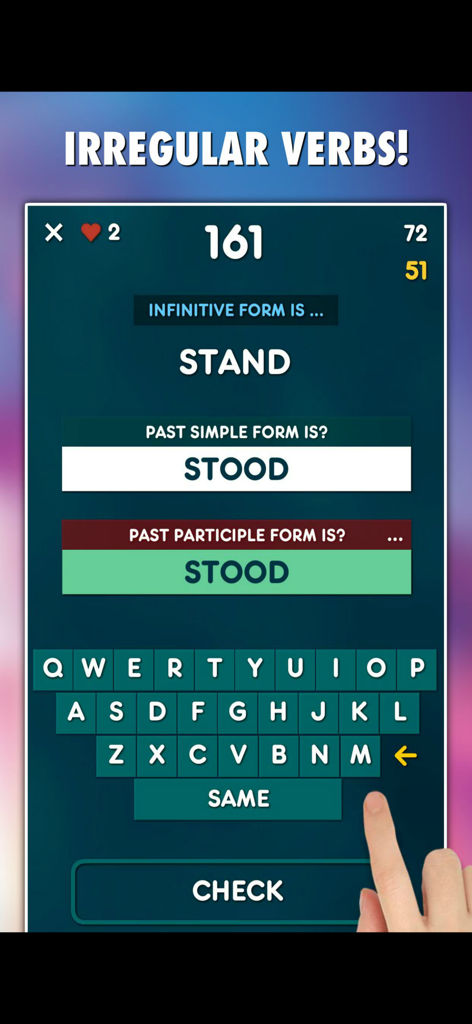 English Grammar Games 10-in-1 - Gameplay screen of the English Grammar Games app showing an irregular verbs test for the word stand with past simple and past participle forms