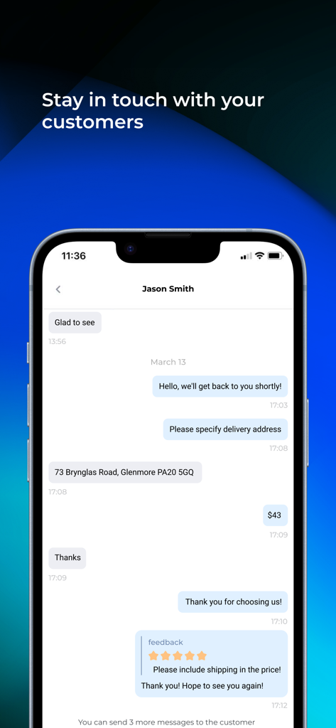 Um smartphone exibindo a interface de mensagens do UDS Business, onde o proprietário de uma empresa conversa com um cliente sobre um pedido e feedback.