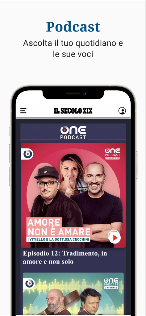 The podcast section of the Il Secolo XIX app featuring audio articles and regional Italian stories.