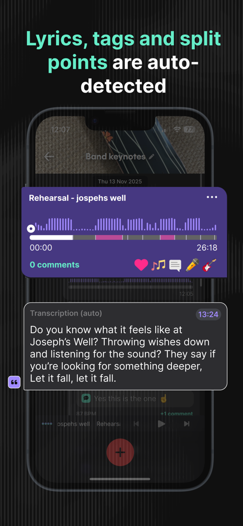 Dubnote: Where Songs Start - Interfaccia dell'app Dubnote che mostra testi e tag rilevati automaticamente per una registrazione vocale