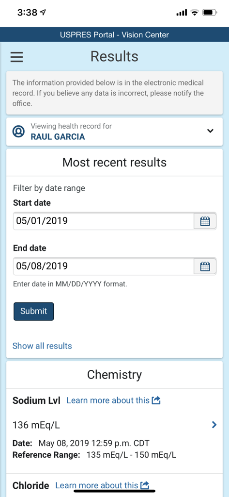 The HealtheLife mobile app interface displaying a chemistry lab result for sodium levels including reference ranges and date filters