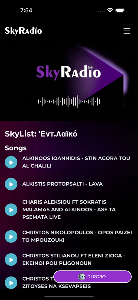 SkyRadioLive - SkyRadio app interface showing a list of Greek songs and the DJ Robo AI assistant button
