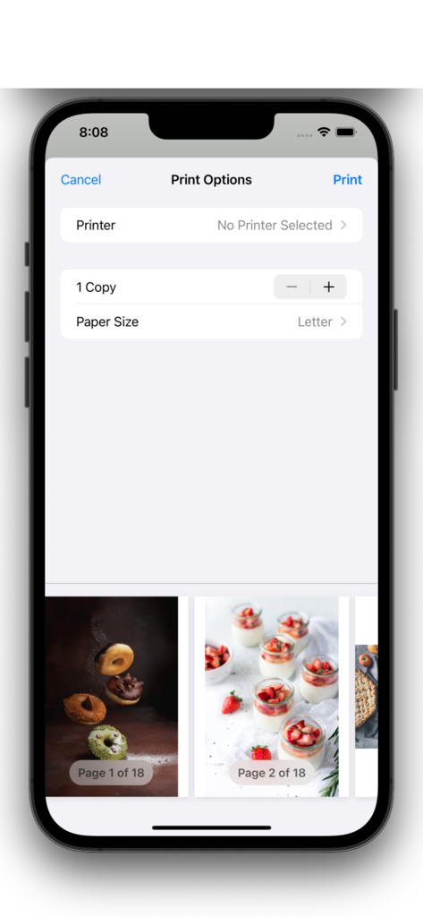 Image PDF Maker - Image to PDF - Print options interface in the Image PDF Maker app showing paper size and image previews.