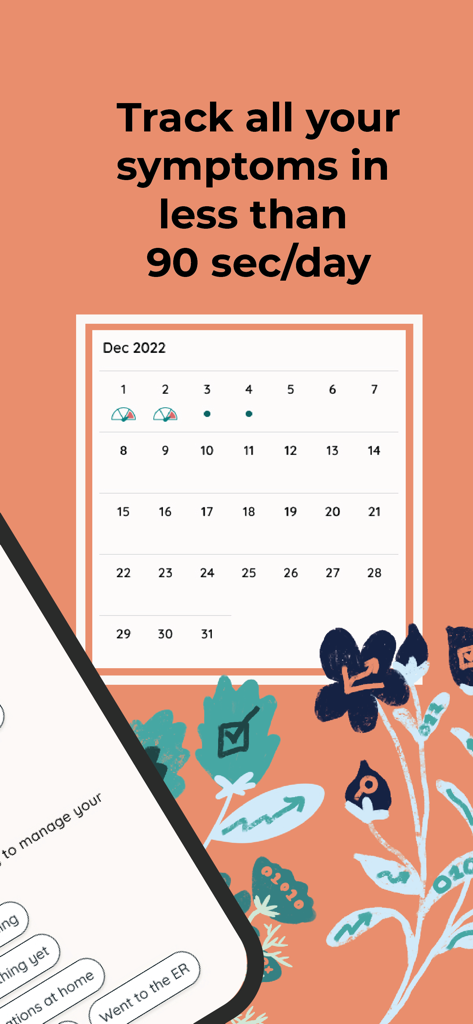 Folia Health - Folia Healthアプリで毎日の症状追跡のためのカレンダーを表示するインターフェース。「1日あたり90秒未満ですべての症状を追跡」というテキストが表示されます。