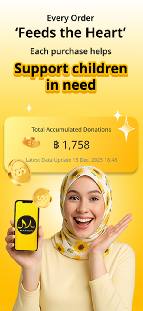 Makan Halal - A smiling Muslim woman holding a phone showing the Makan Halal app next to a donation summary for supporting children in need.
