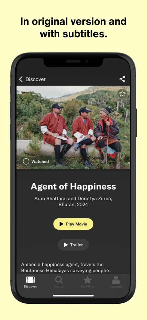filmingo Arthouse Streaming - Filmingo app screen showing movie details and subtitles options