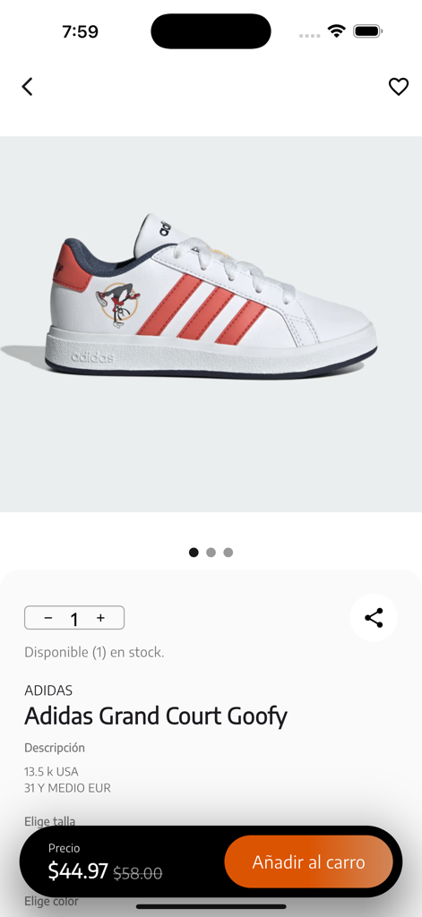 Ecuadelivery - Produktseite für Adidas Grand Court Goofy Schuhe in der Ecuadelivery App