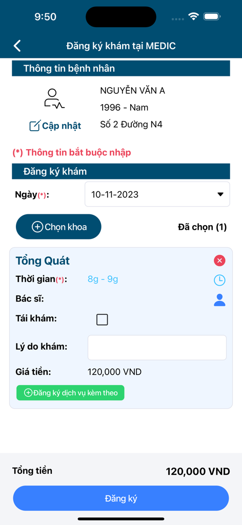 Medic Hoà Hảo - Khám bệnh - Medic Hoa Hao app interface for medical appointment registration and service selection