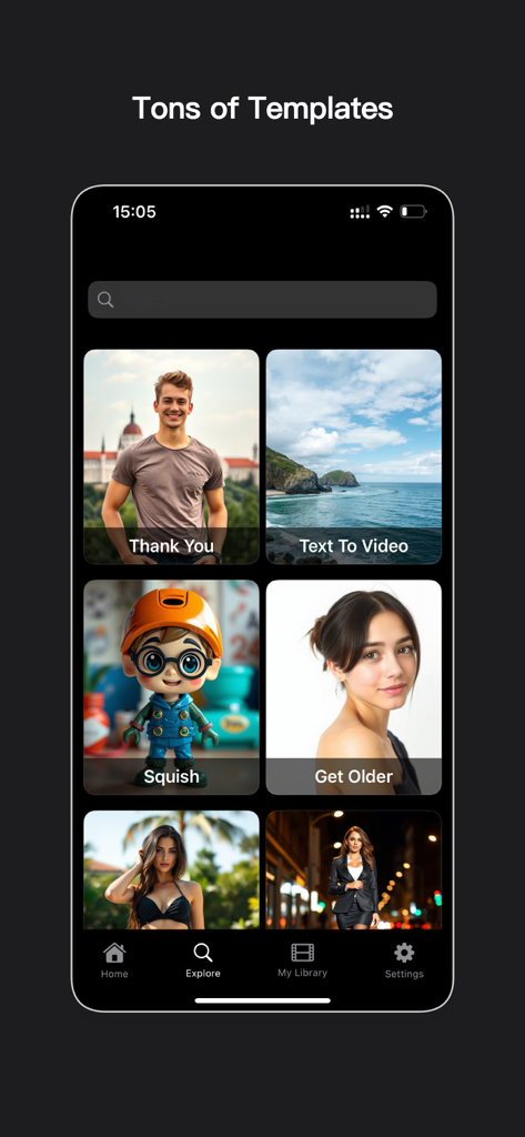 App-Oberfläche für Remake AI, die eine Vielzahl von Video-Vorlagen zeigt