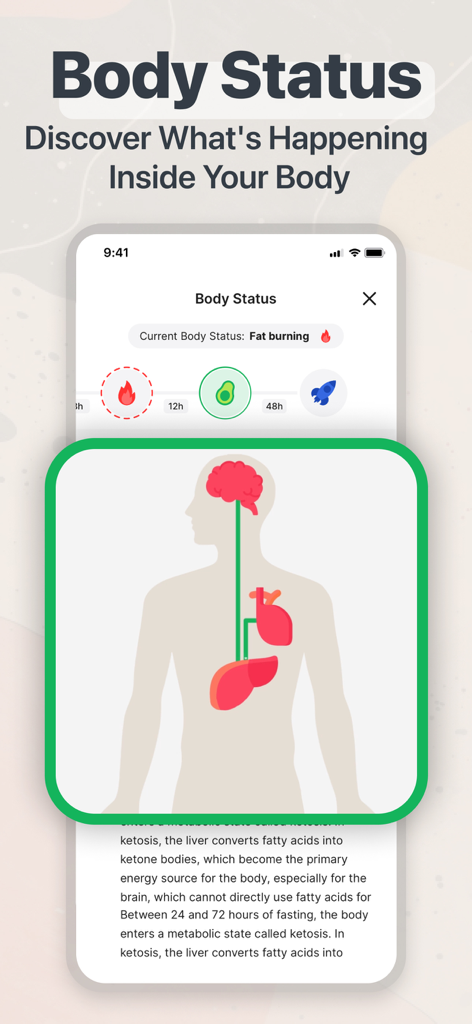 Fastingo: Intermittent Fasting - Una interfaz móvil de la app Fastingo que muestra la función de estado corporal con un indicador de quema de grasa y un gráfico anatómico.