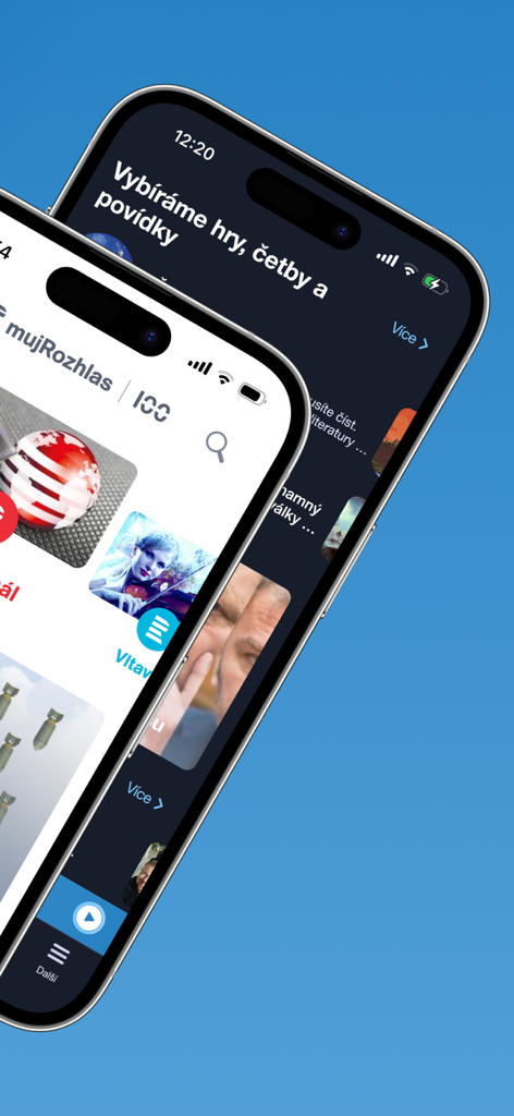 Two mobile phones displaying the mujRozhlas app with light and dark mode themes