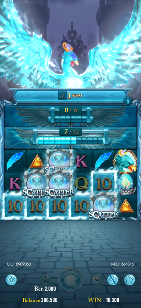 Wild City: Flash Spin - Uma interface de jogo de máquina caça-níqueis com tema de fênix azul com símbolos scatter vencedores