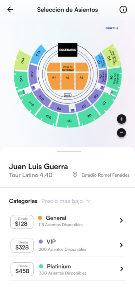 Tickea - Écran de sélection des sièges de concert de l'application mobile Tickea présentant une carte du stade et les prix des billets.