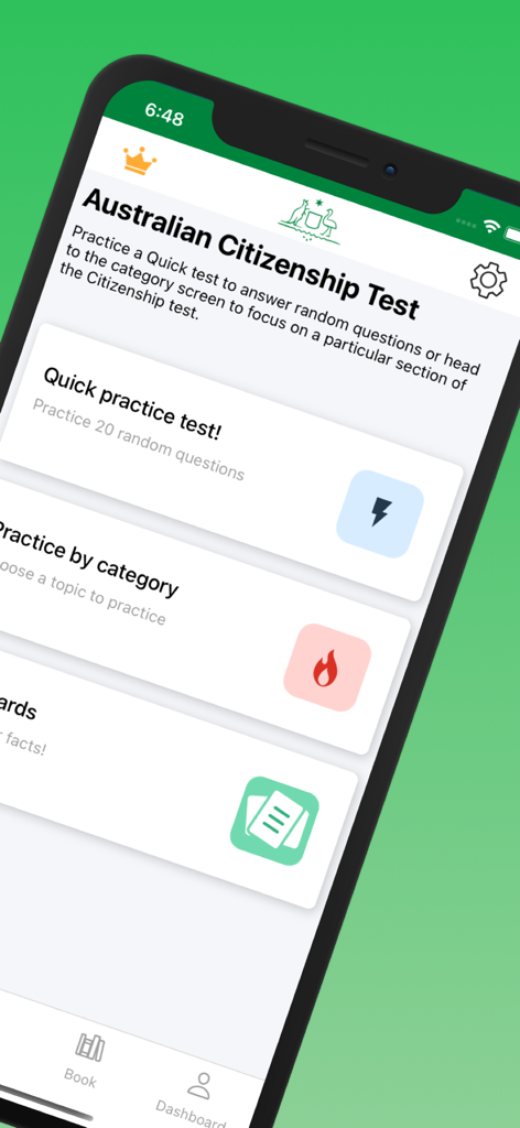 Interfaccia principale dell'app mobile Australian Citizenship Test 2026 che mostra le opzioni di studio e pratica.