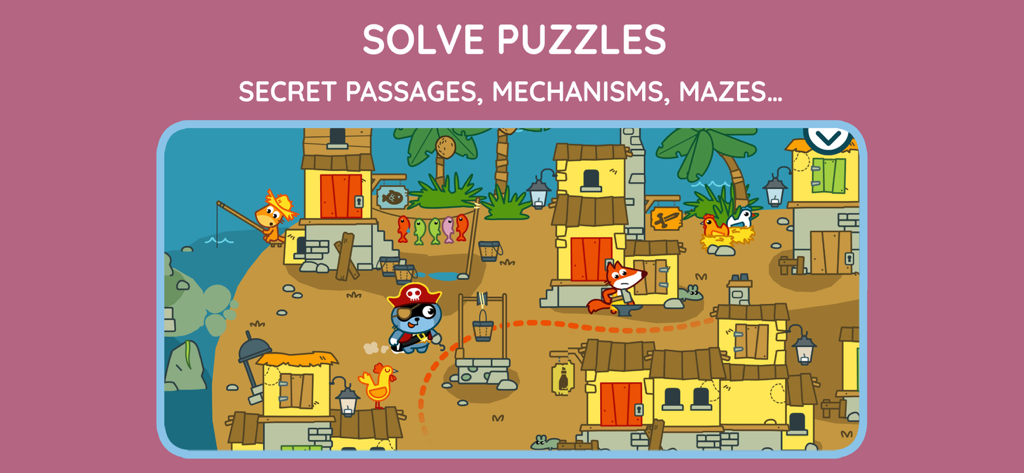 Pango Pirate: Adventure Game - パンゴ海賊のアライグマがパズルや動物のキャラクターがいるカラフルな漫画の村を探検している