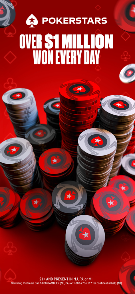 PokerStars Poker Real Money - Pilhas de fichas de poker vermelhas e pretas com o texto afirmando mais de um milhão ganhos todos os dias