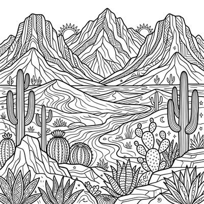 Embark on a creative journey with this intricate desert mountains coloring page. Discover a breathtaking landscape filled with towering peaks, winding paths, and diverse desert flora.