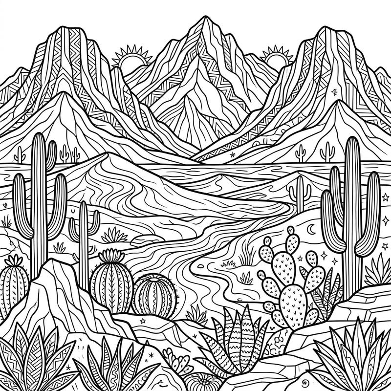 Embark on a creative journey with this intricate desert mountains coloring page. Discover a breathtaking landscape filled with towering peaks, winding paths, and diverse desert flora.