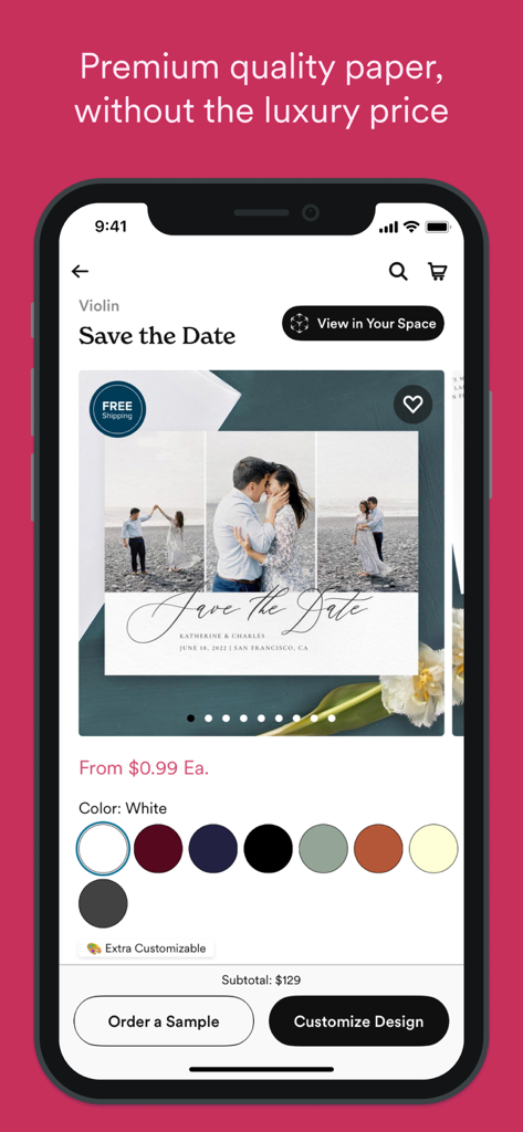 Zola - Wedding Planner - Zola app interface for customizing wedding Save the Date cards with photos and color palettes