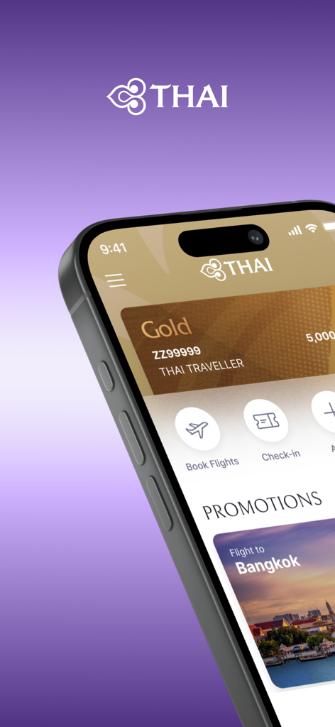 Thai Airways mobile app home screen on a smartphone showing flight booking and membership features