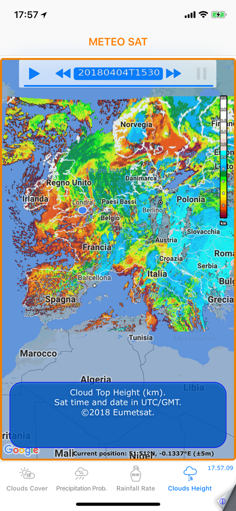 Meteo Sat - Meteo Sat app showing cloud top height satellite data on a map of Europe